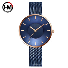 HANNAH MARTIN Watch 1052 JAPAN MIYOTA 2035 Quartz Movement Simple Design Luxury Gift Stainless Curved Face Blue Watches Women